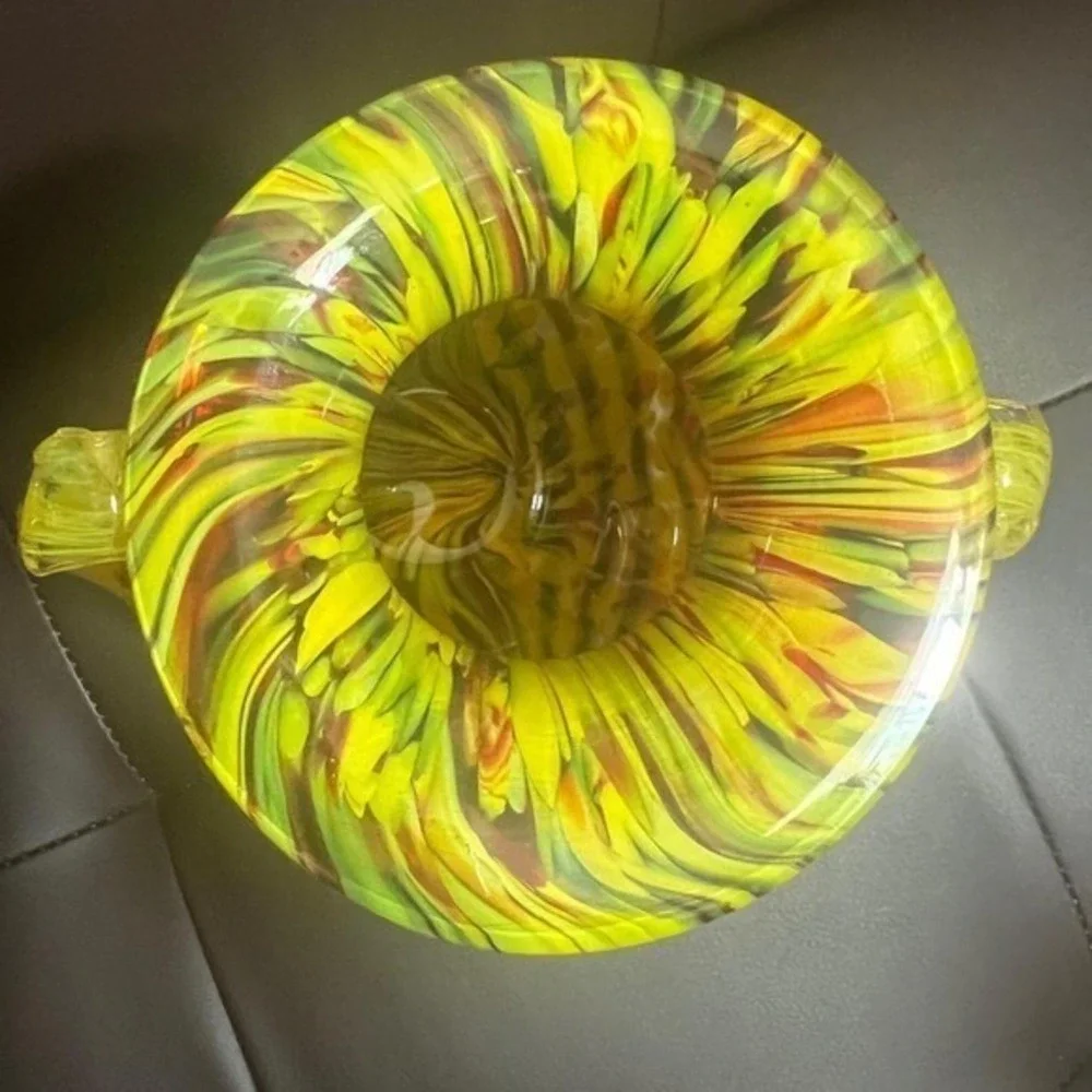 Hand Blown Art Glass Vase Yellow Brown Pulled Feather Amphora Two Handle 10 inch